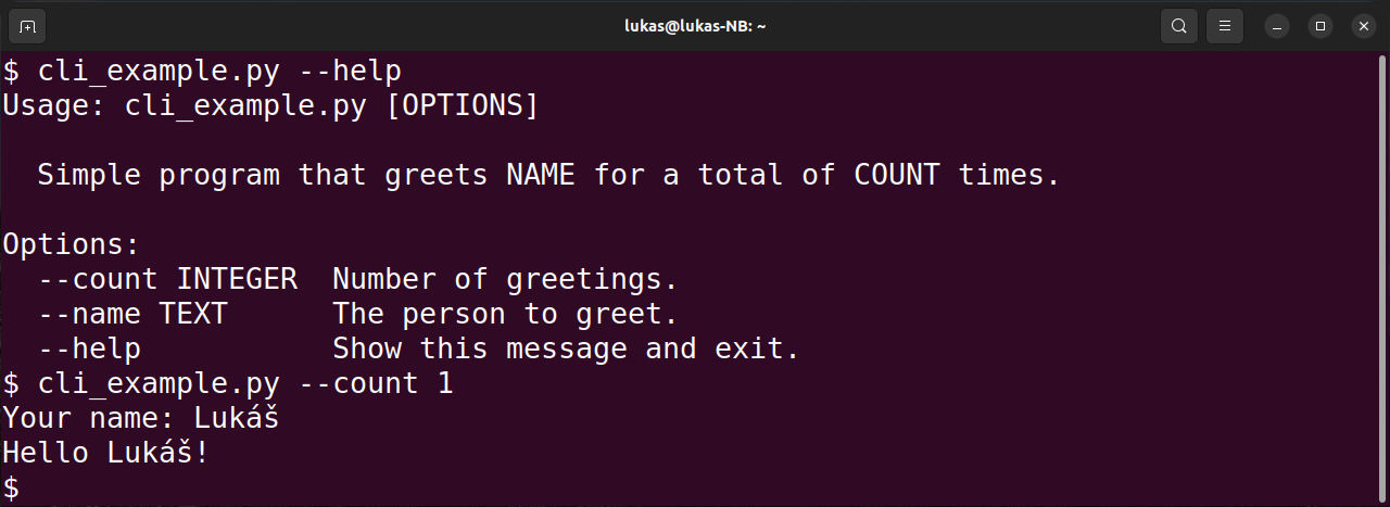 Printscreen of script running code from https://click.palletsprojects.com/en/8.1.x/